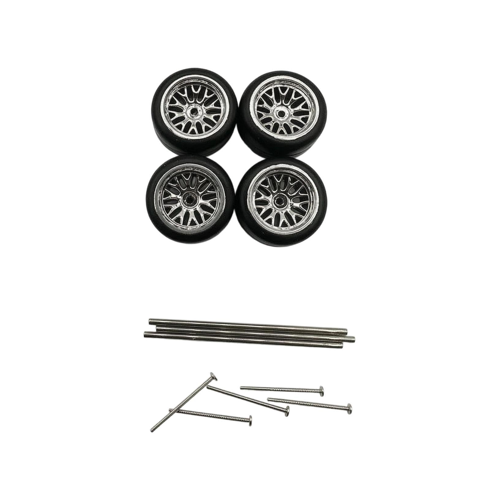 1:64 Model Car Wheel Kit Hollow Axles 1:64 Wheel Set Replacement Rubber Tire and Axle Set Chrome Forked-image-5