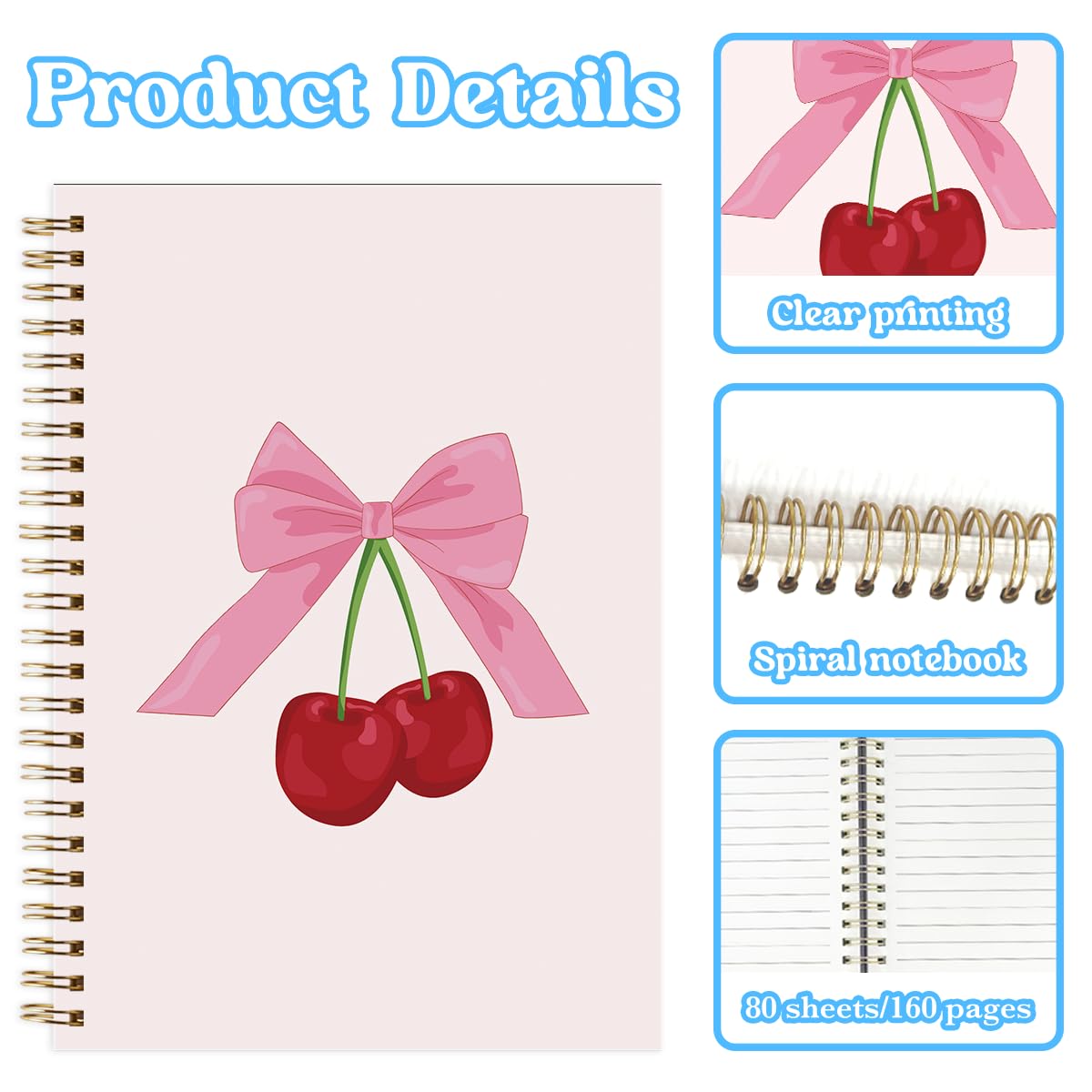 Coquette Pink Cherry Bows, quaderno a spirale a spirale rosa Preppy Girly Estetica Forniture per ufficio Diario di Lettura Diario di Libri Amanti Regali per Donne Ragazze Adolescenti