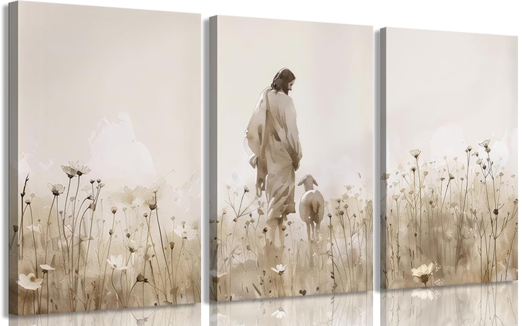 Jesus Canvas Wall Art Jesus and Lost Sheep on a Wild Flower Field Wall Decor pictures Christian Shepherd Paintings Artwork Bible Stories Posters