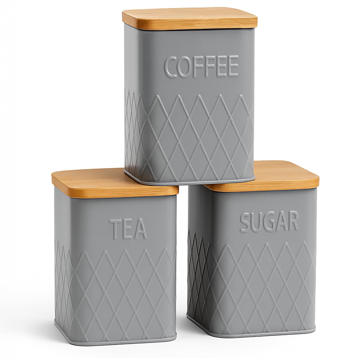 Kitchen Canisters Tea Coffee Sugar with Bamboo Lids | Canisters Sets for The Kitchen Airtight | Tea Coffee Sugar Bin Sets Grey 3 Pieces