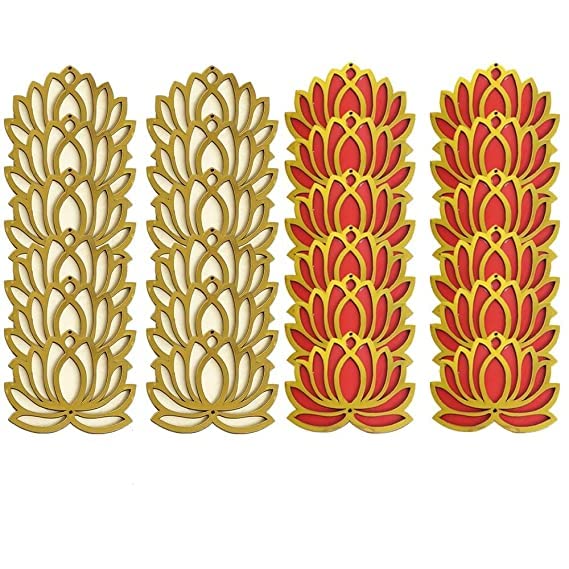 Image of Sanvatsar Home White Golden Lotus 4 Inch Set of 24 Wooden Cutout DIY Rangoli Kit | Decorations for Diwali, Dusshera Wedding Rangoli, Pooja, Decorations, Festival Gift (Red12Cream12)