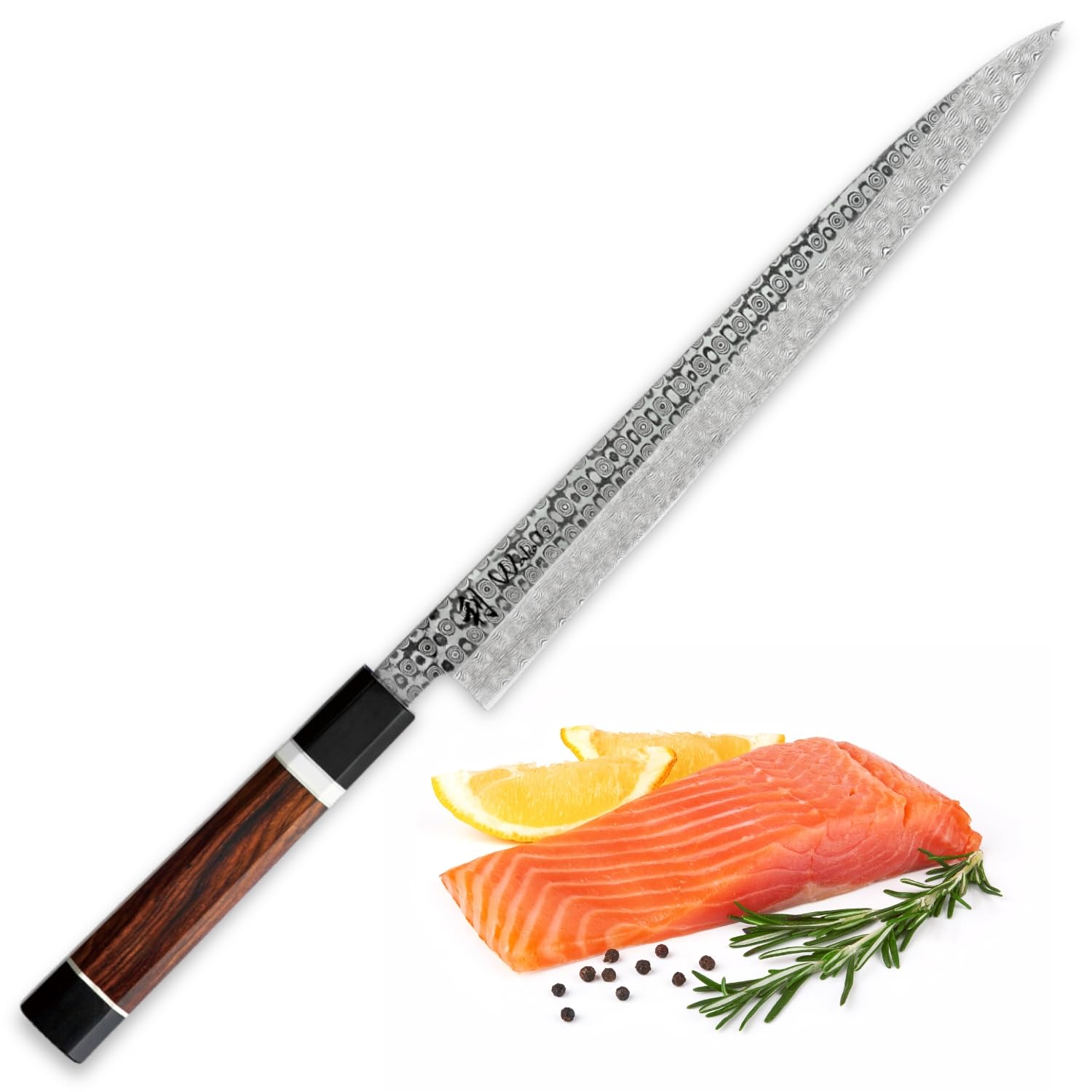 Wakoli Sashimi Messer – Damastmesser, 28,5 cm Klinge, Wüsteneisenholz + G10