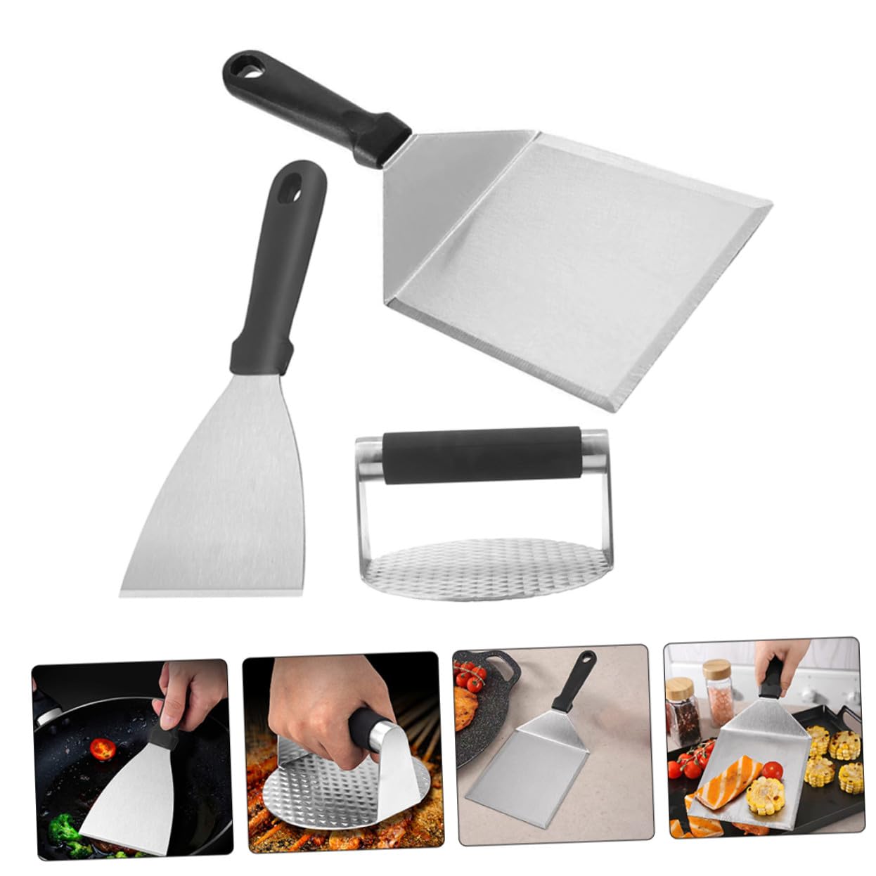 Set Utensili Barbecue in Acciaio Inox con Pressa per Carne | Impugnatura in Pp, Robusto e Non Facile da Deformare, per Cucina e Preparazione Burger