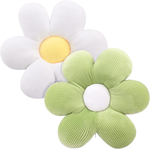 2 Pcs Flower Floor Pillow Seating Cushion,40cm Flower Shaped Cushion Floor Chair Seat Pad,Soft Petal Cushion,Cute Flower Plush Cushion Tatami Seating Pillow for Car Home Sofa Chair(Green+White)