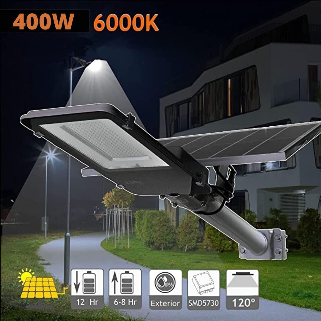 Lampione Solare esterno 400W con Pannello fotovoltaico, LED 6500K Bianco Freddo, con 40000mAh [Classe di efficienza energetica A+++]