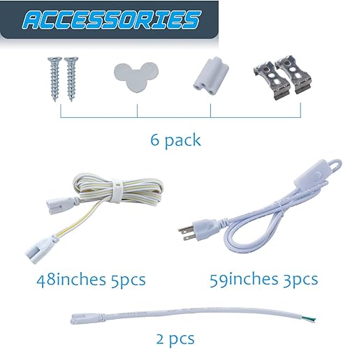 Miniatura 5 de Paquete de 6 luces LED T8 integradas para taller, en forma de V, 2 pies, 24 W, luz diurna blanca, 6ooook, triple fila, LED enlazable, tubo de luz