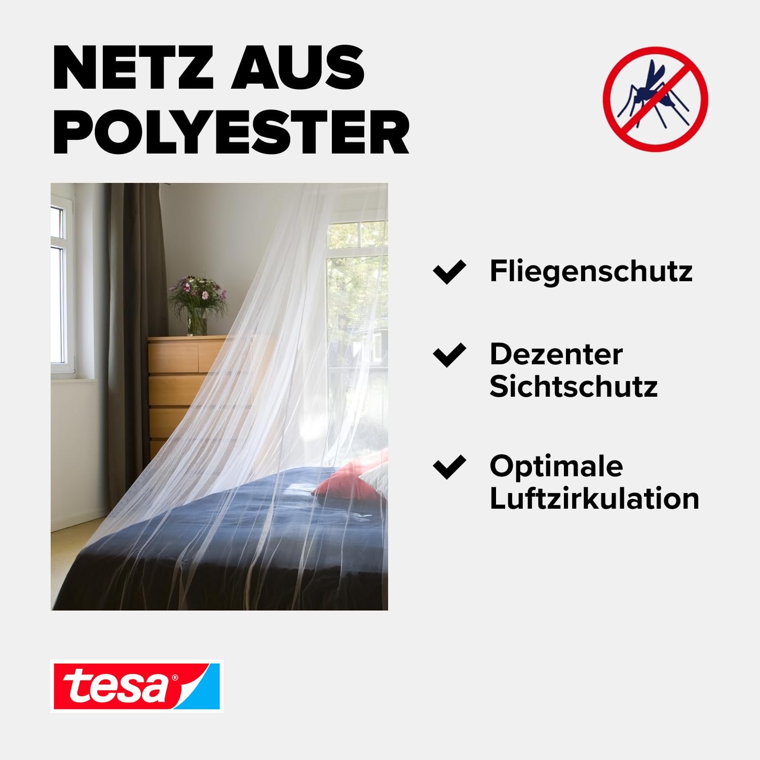 tesa Insect Stop Moskito Bettnetz Premium - Insektenschutz für Doppelbetten - Im praktischen Beutel ideal für Reisen - 125 cm x 250 cm - Weiß (Leichter Sichtschutz)