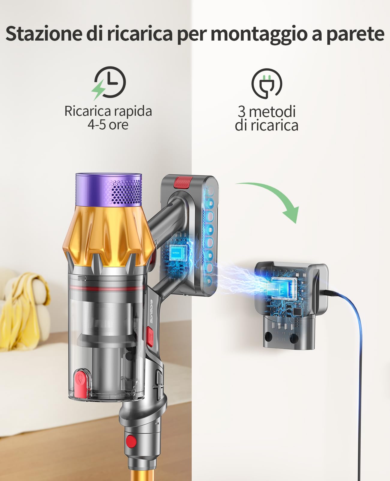 SunSare Aspirapolvere Senza Fili Potente 45Kpa&550W, 60Mins Scopa Elettrica Senza Fili con Ricarica a Muro e Funzione Autoportante, 7 in 1 Aspirapolvere Senza Filo per Pavimenti/Tappeti/Casa X7A