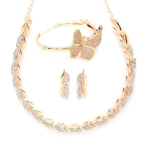 Zeneme American Diamond Studded Leaf Shaped Necklace With Earring and Butterfly Shaped Bracelete Jewellery Shaped For Women and Girl