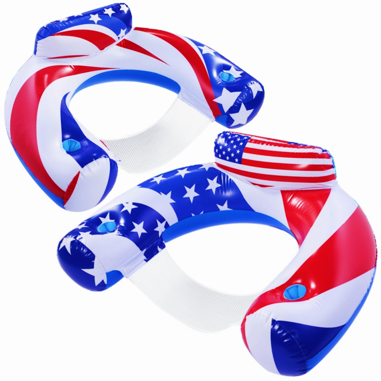 Photo 1 of 2 Pack Pool Floats Chair, Inflatable Pool Lounger Floats Adult Size with Cup Holder, Floating Lake Raft Swimming Pool Toys Party Floaties for Pool Summer Beach Outdoor Red&Blue&White 2 pack U style