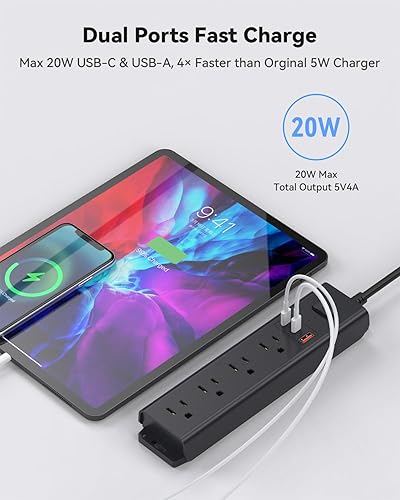 Miniatura 2 de Regleta de protección contra sobretensiones con USB PD de 20 W, tira de toma de corriente montable con 4 salidas de CA y 3 puertos USB de carga