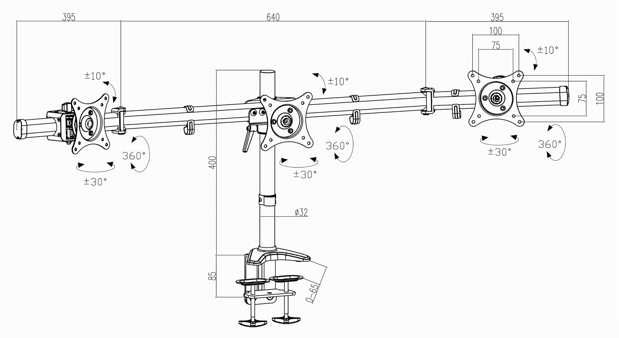 HFTEK Support de Bureau pour Trois Moniteur écran 15'' - 27'' Pouces avec VESA 75/100 - HF330C