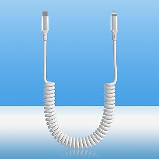 Coiled USB C to Lightning Cable MFi Certified for iPhone/iPad/iPod/Apple CarPlay, PD 27W Fast Charging with Data Transfer USB-C iPhone Charger Cord Short Retractable, White