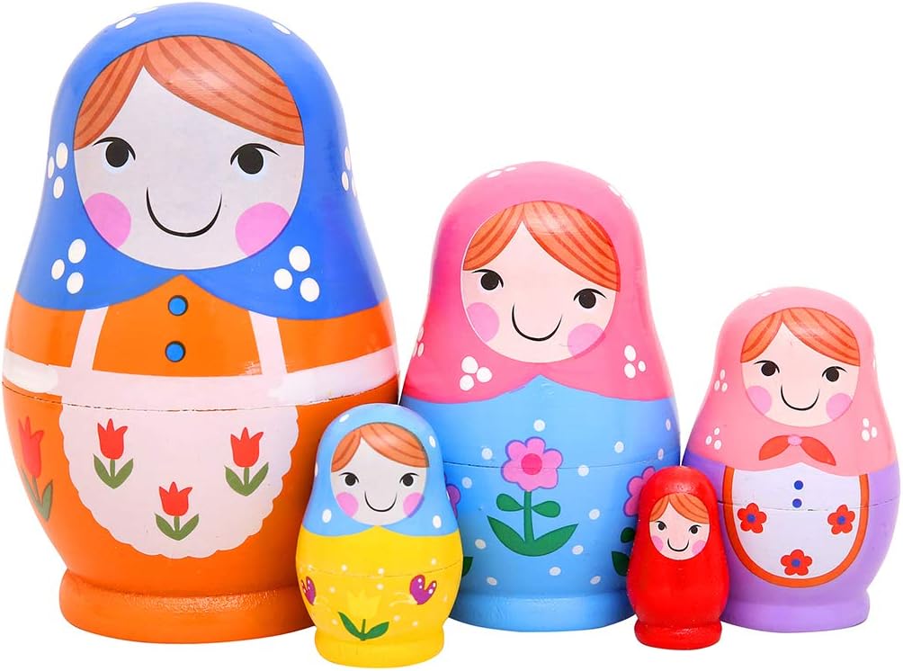 Monnmo 5Pcs Handmade Wooden Russian Nesting Dolls Matryoshka Dolls - Stacking Doll Set of 5 from 4.3" Tall (Blue)