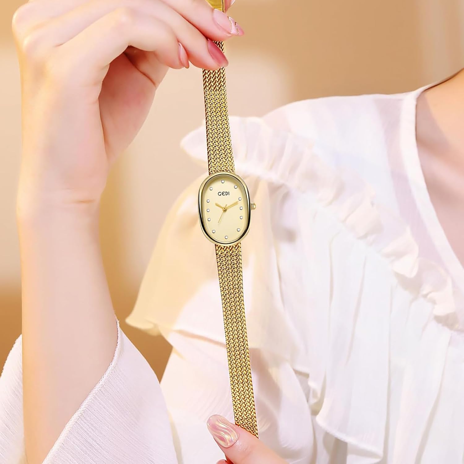 MASTOP Luxury Diamond Oval Women Watches Stainless Steel Mesh Strap Analog Waterproof Dress Watch for Women Ladies - Image 3