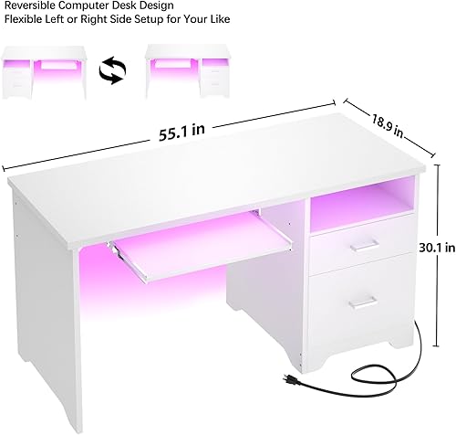 Miniatura 3 de Escritorio reversible para computadora con cajones de archivos, escritorio de oficina de 55 pulgadas con luz LED RGB y toma de corriente, escritorio