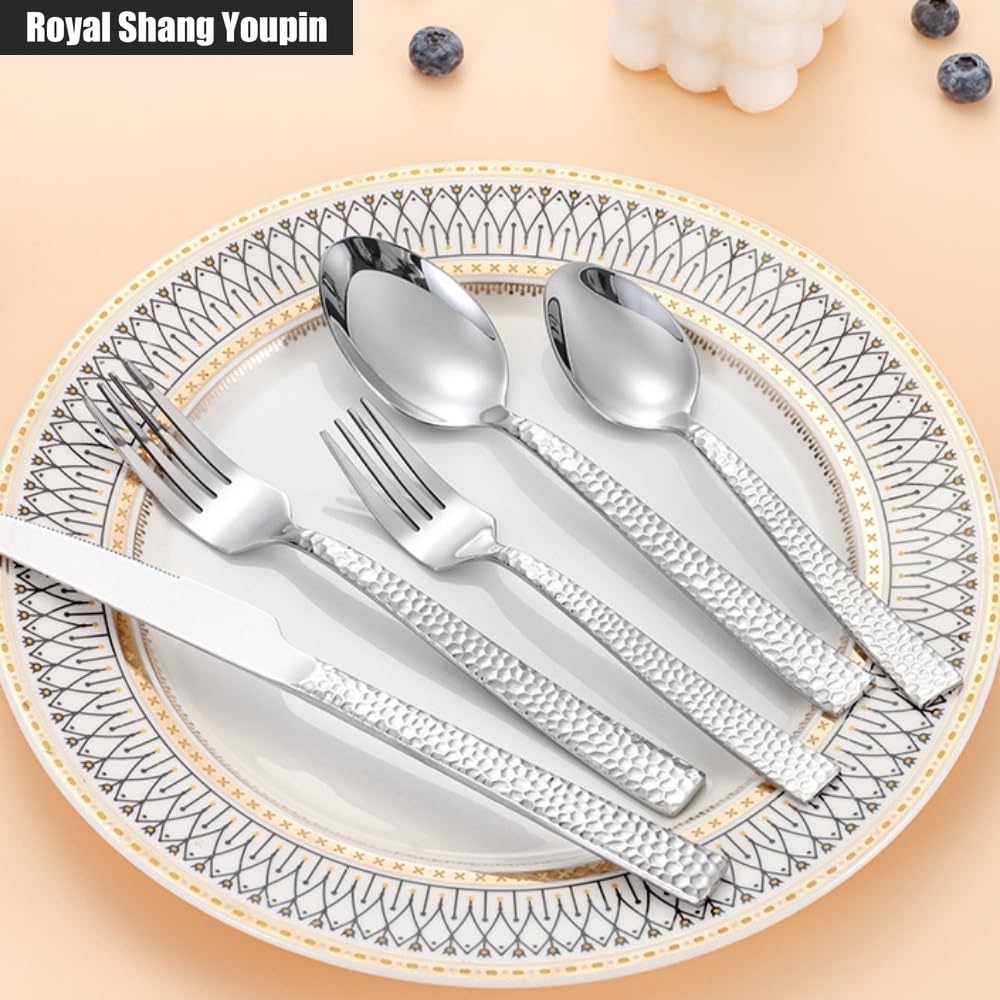 Manico Quadrato Martello Modello Cucina Posate in Acciaio Inossidabile Stoviglie Posate Set Di Posate Coltello Da Bistecca Forchetta Cucchiaio Cucchiaino (Argento,20 pezzi)