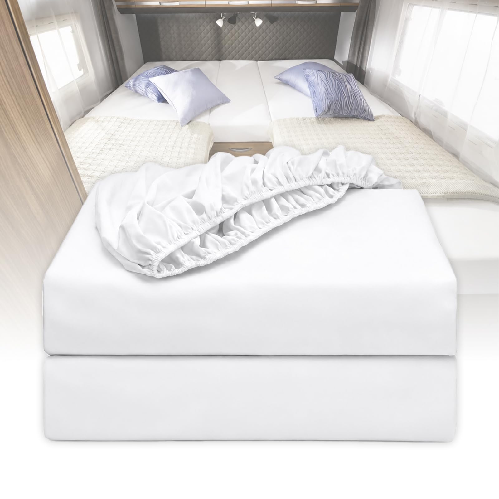 ANEELV 3-Piece Fitted Sheet Set for Motorhomes/Camping Vehicles, Single Bed Fitted Sheet Set, 100% Cotton, Bedding Set Specifically for Motorhomes (White)
