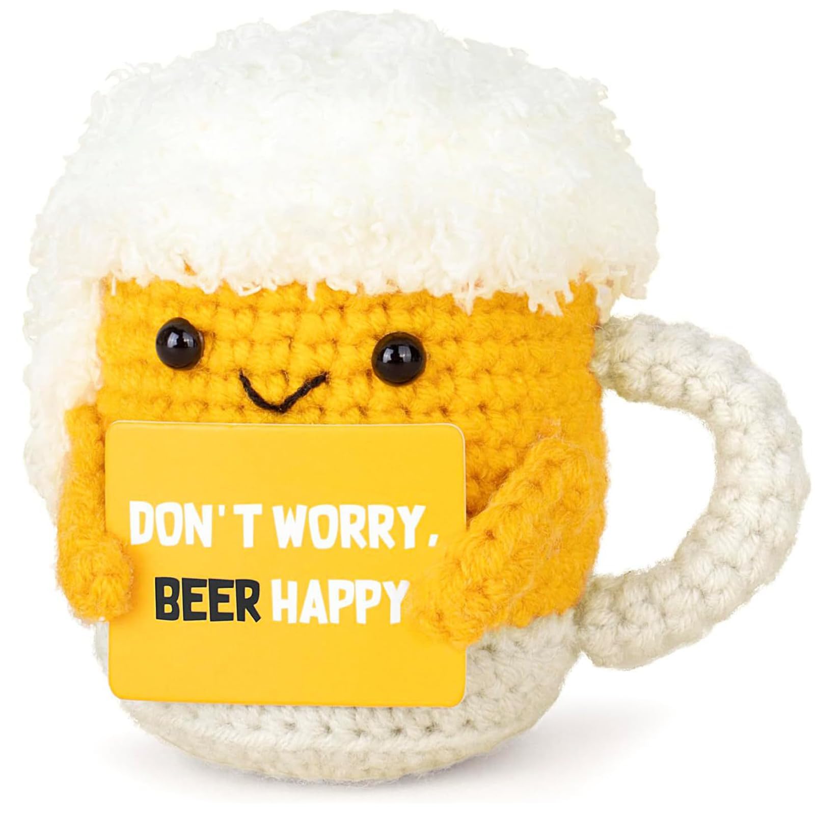 Dryxog Handmade Crochet Beer Mug Doll, Cute Positive Crochet Animal with Inspirational Card, Funny Emotional Support Thank You Gift for Beer Lovers, Unique Desk Decor for Office, Birthday Get Well