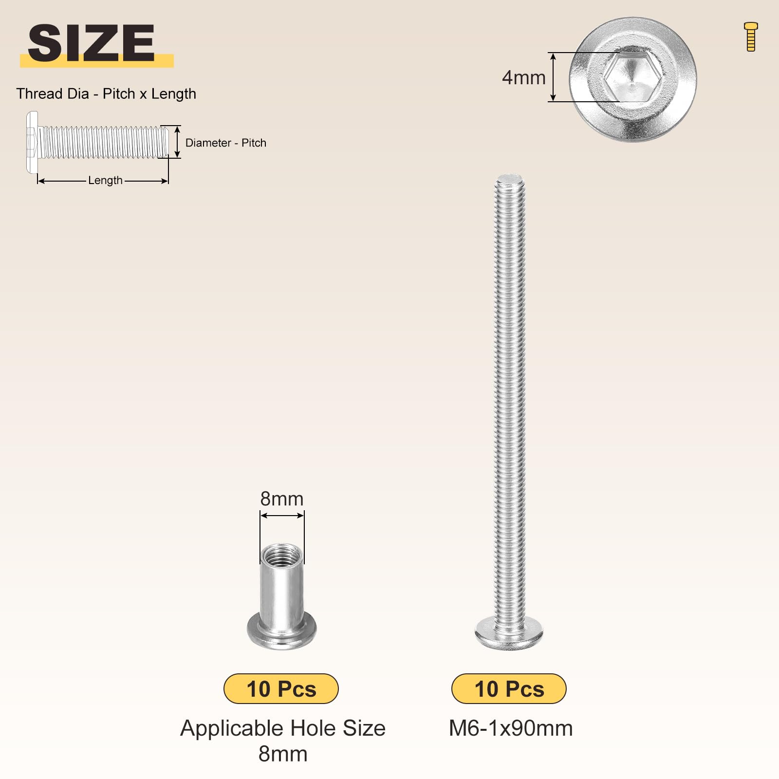METALLIXITY Crib Screws Replacement Set(M6-1x90mm) 20Pcs, Stainless Steel Connector Bolts M6 Screw Barrel Nuts Binding Screws - Image 2