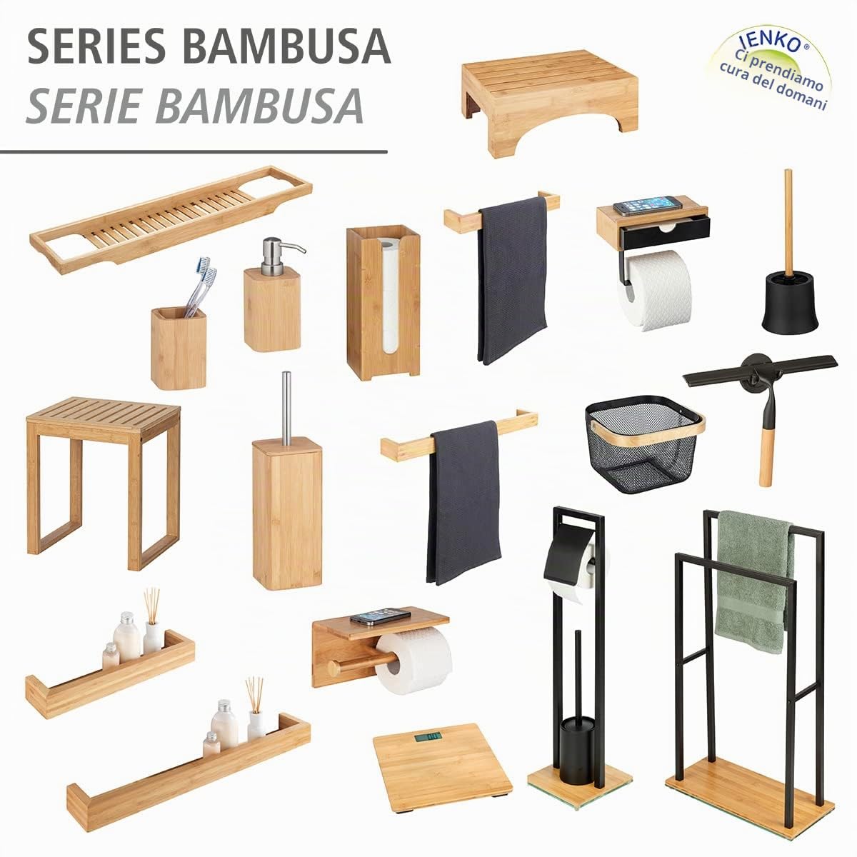 WENKO Set WC Bambusa, scopino chiuso in bambù ecosostenibile, scopino WC nero sostituibile Ø 8 cm, portascopino WC incluso scopino per toilette, 10,1 x 37,5 x 10,1 cm, colore naturale