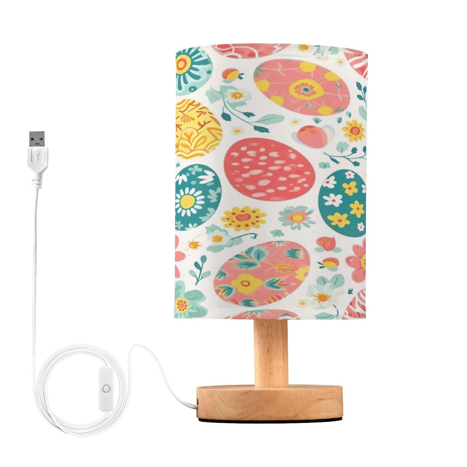 SDMKA Easter Eggs Florals Bedside Table Lamp for Bedroom, Minimalist Nightstand Lamp with Round Fabric Shade for Living Room, Office, No Bulb Required