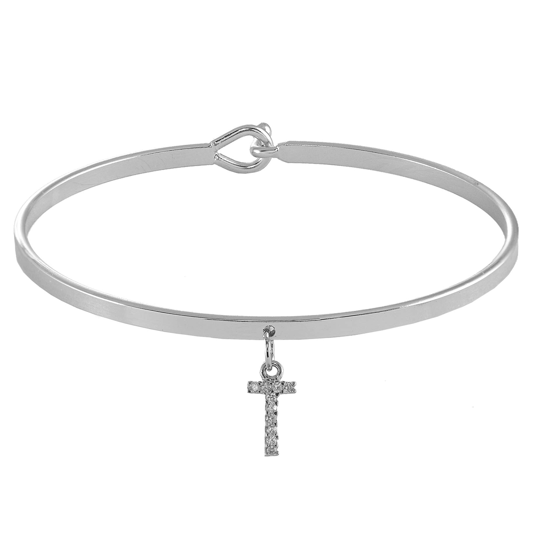 Spinningdaisy Dangling Crystal Initial Charm Cuff Bracelet (T Silver)