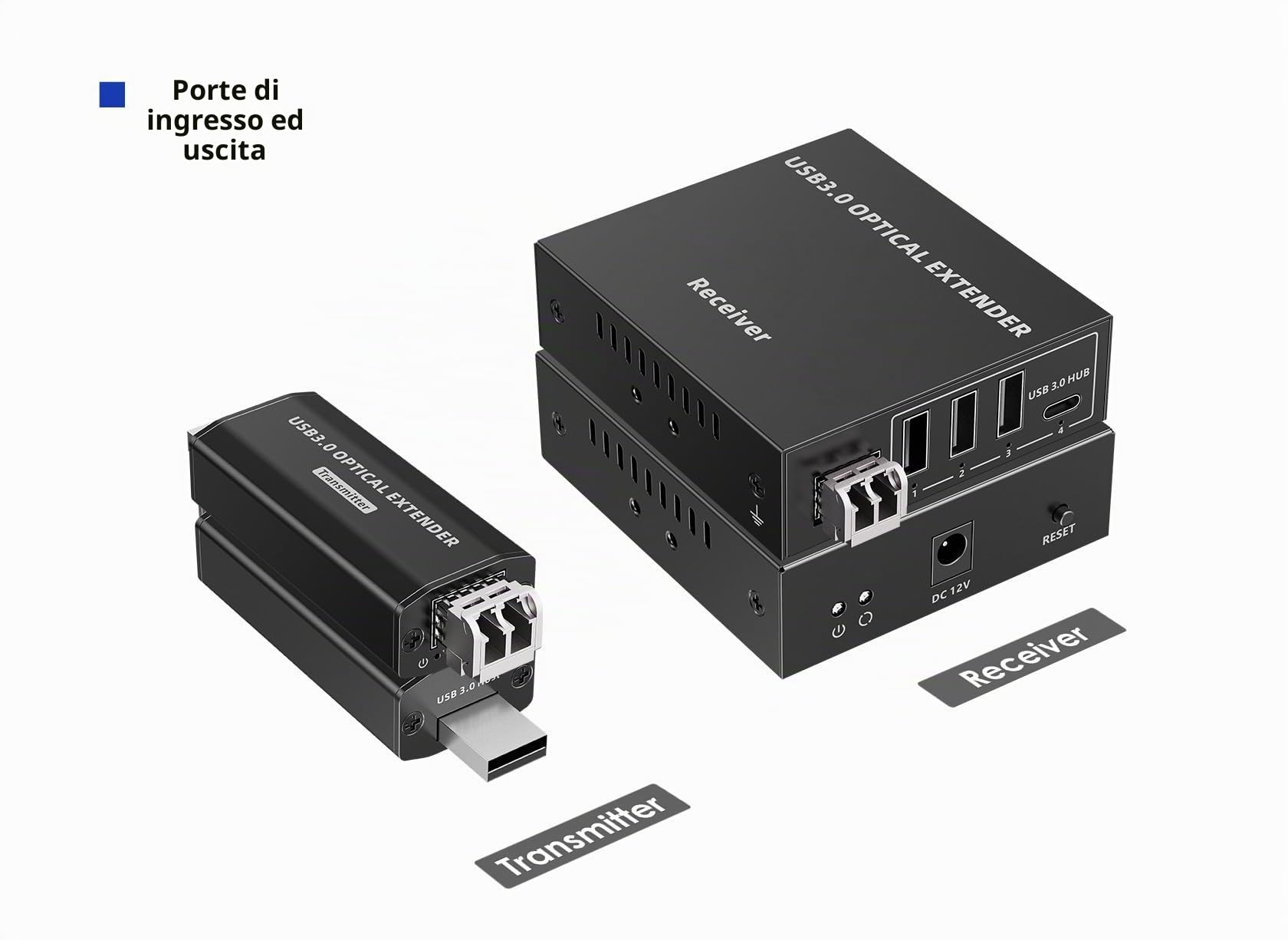 PremiumCord Extender Ottico USB a 4 Porte fino a 300 m, USB 3.2 SuperSpeed ​​5 Gbit/s, Extender in Fibra Multimodale, Alloggiamento In Metallo, Nero
