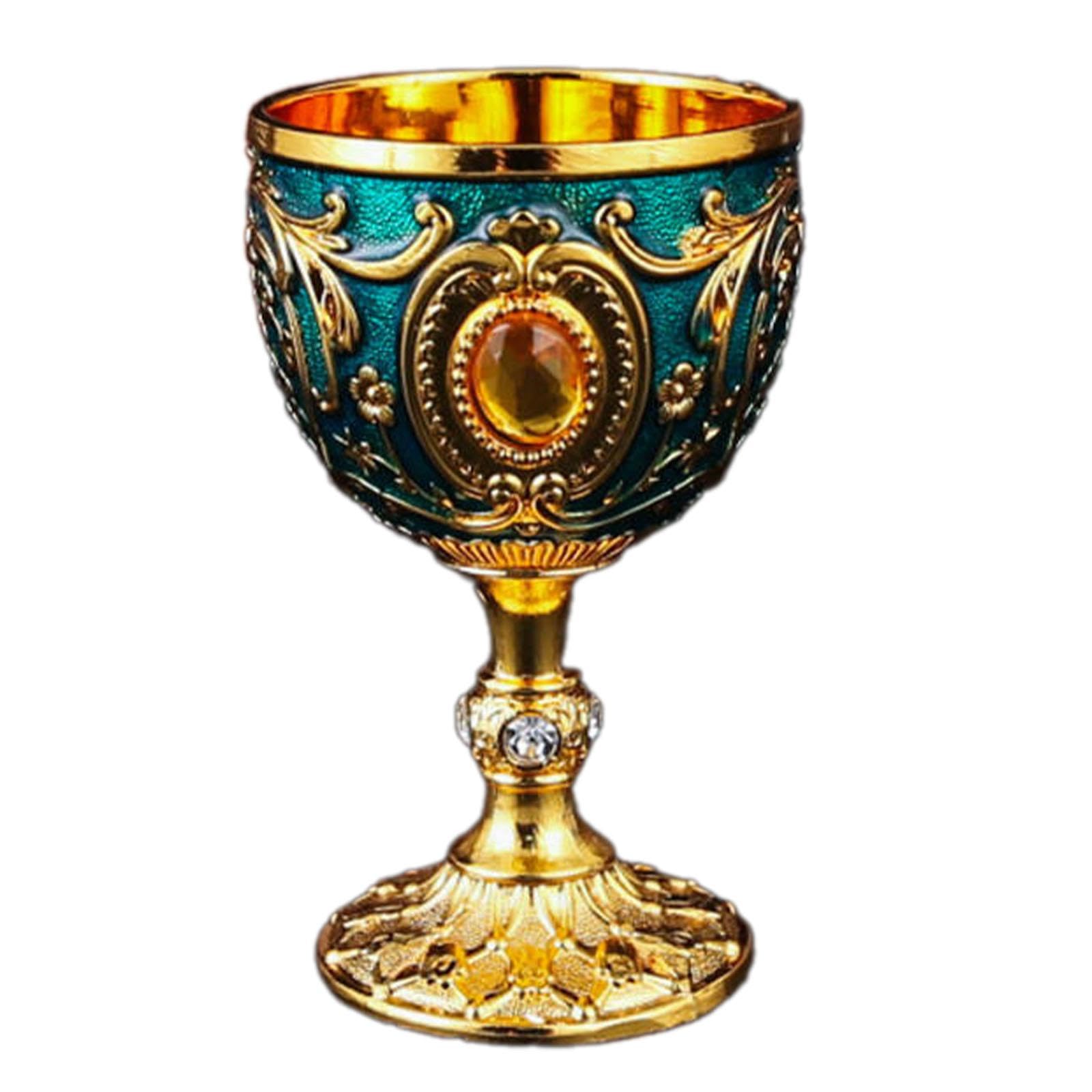 DimyFew Vintage Medieval Goblet Drinking Glass Party Supplies Handmade Novelty Engraving Metal Wine Cup Desktop Decoration, Blue