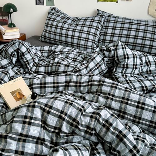 Image of EAVD Vintage Light Blue Grey Buffalo Plaid Duvet Cover Full Soft Washed Cotton Gingham Bedding Set with Grid Checkered Pattern Farmhouse Geometric Duvet Cover with 2 Pillowcases for Boys Men Women