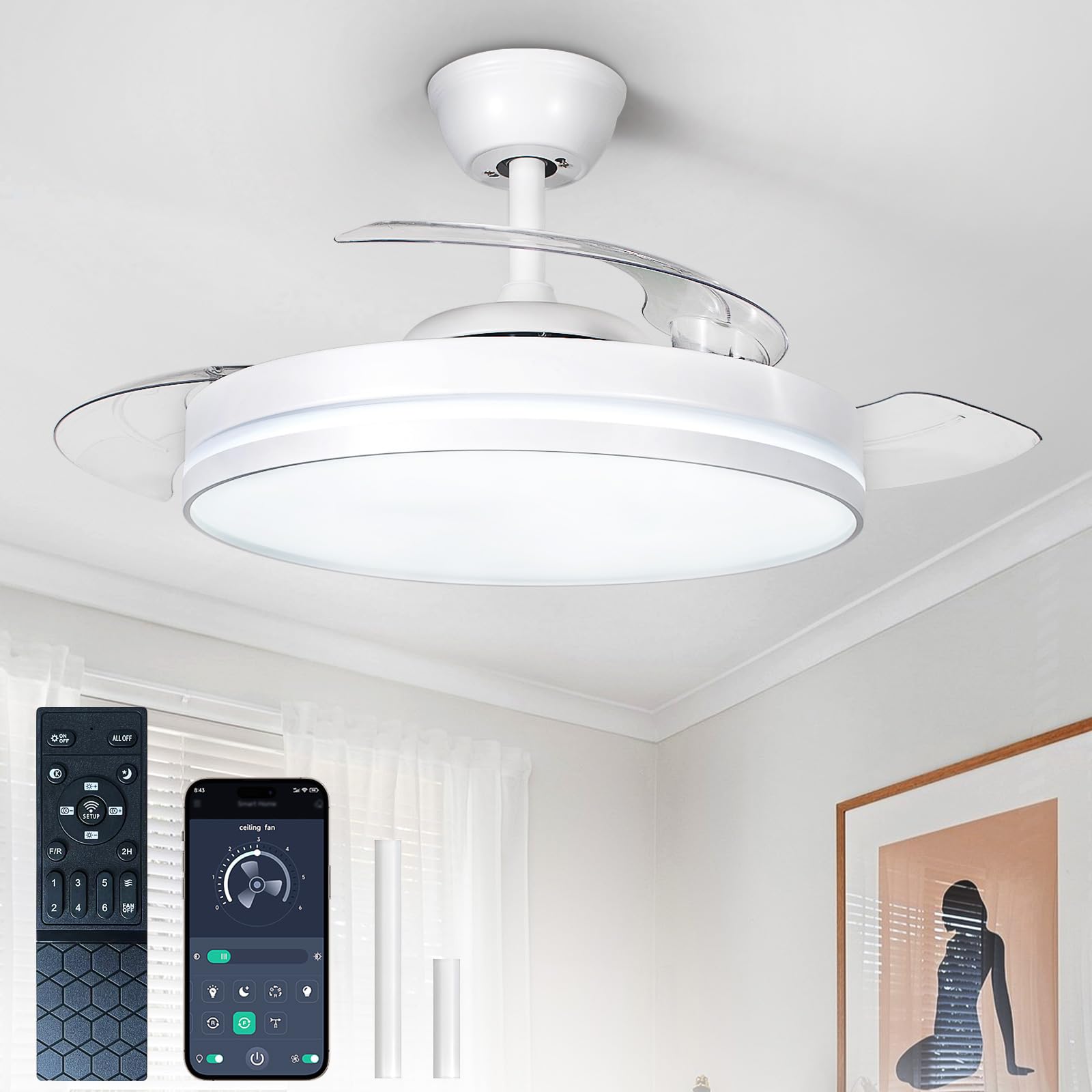 Depuley Ventilateurs de plafond rétractables avec éclairage: Ventilateur de plafond Fandelier 42 pouces Contrôle via application - Ventilateur blanc à intensité variable et pales invisibles pour salon