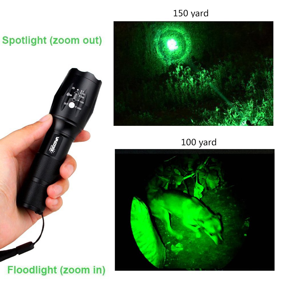 VASTFIRE 350 Yard Green Hunting Light Zoomable Flashlight Hog Predator
