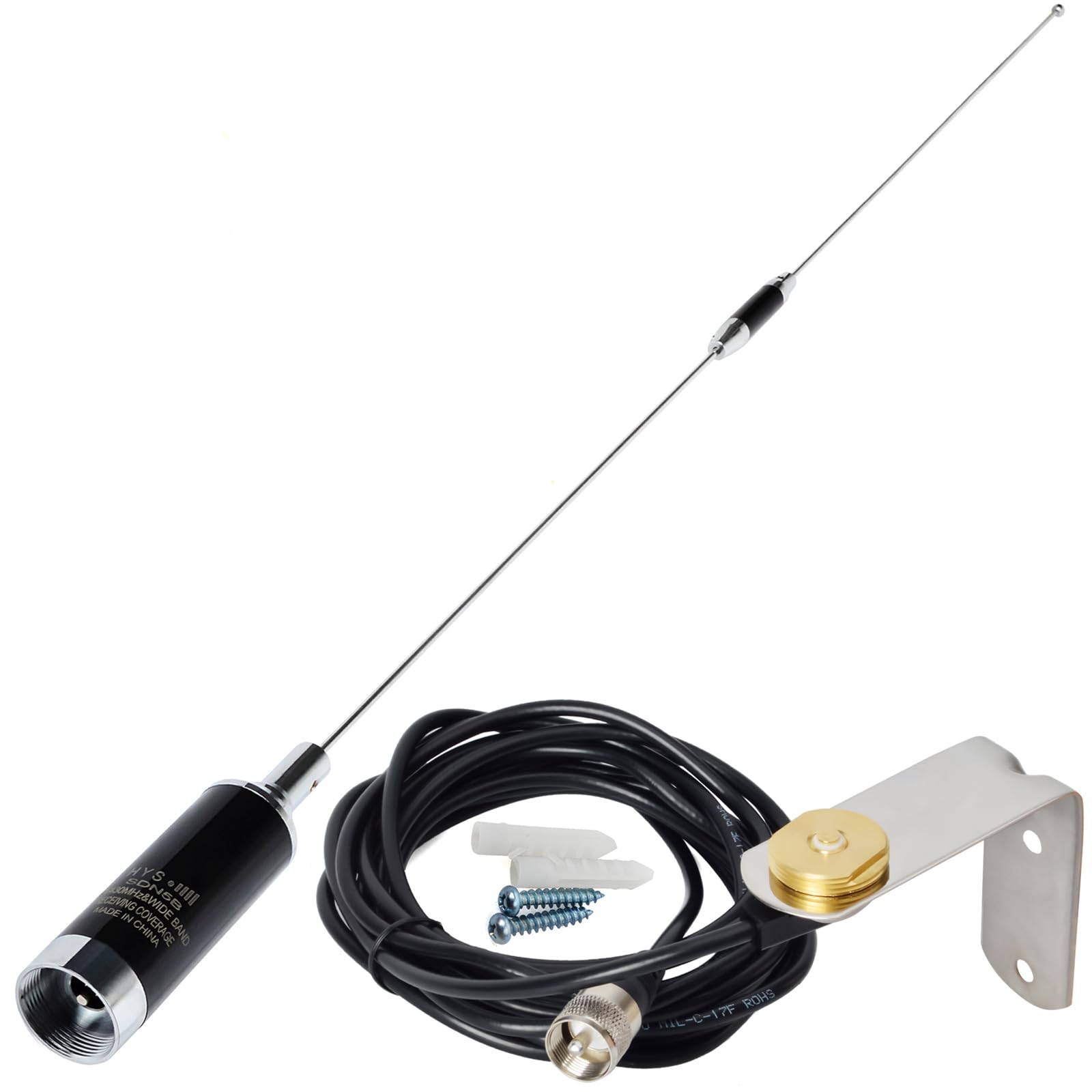 HYS Amateur Antenne double bande NMO 37,9" VHF 136-174/UHF 400-470 MHz (144/430 MHz) avec trou en L en acier inoxydable et câble coaxial RG-58 d'environ 4 m pour radio FM mobile