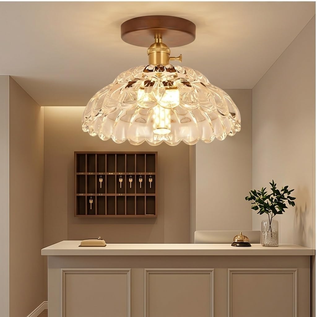 Nowoczesna lampa sufitowa ze szkłem, półwpuszczany żyrandol w stylu vintage, z podstawą z drewna orzechowego, zapiekanka lampa sufitowa z połowy wieku do przedpokoju, przedpokoju, garderoby, sypialni