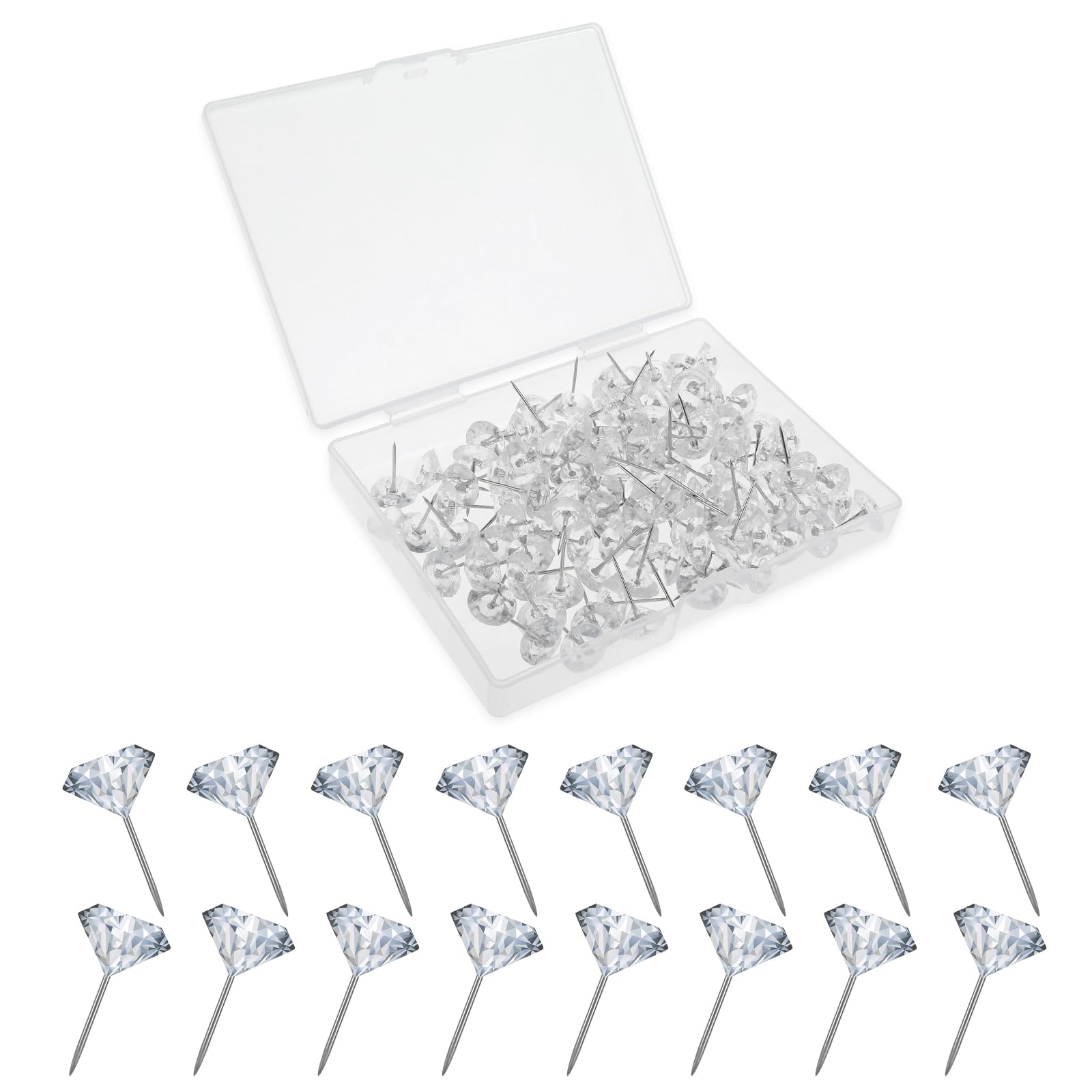 COMNICO Transparente Reißzwecke, 100 Stück Pinnwandnadeln, Diamant-Reißzwecken, Edelstahl Dekorativer Daumen Kristall Polster Nägel für Büro Karte Kalender
