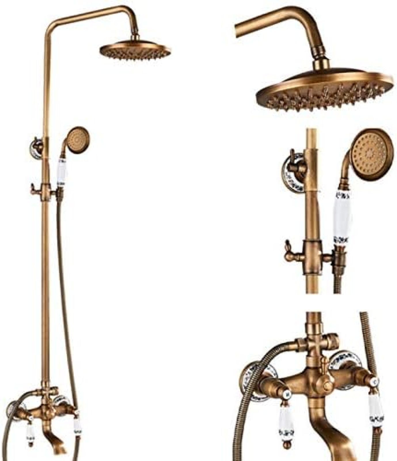 GLJTUO Shower system, Antique Brass Shower Faucets Set Ceramic Porcelain Shower Swivel Spout Wall Mount Dual Knobs Mixer Tap Bath Shower Kit