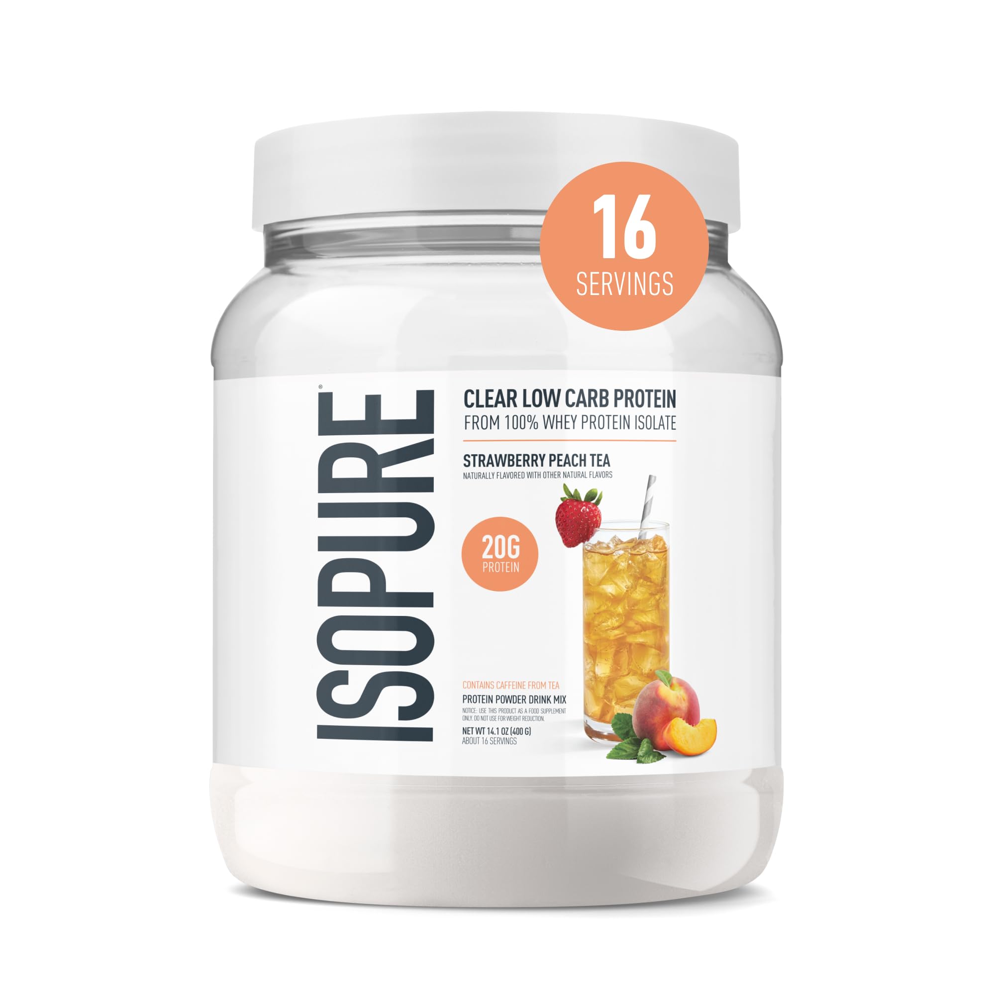 Isopure Clear Whey Isolate Protein Powder, Lactose Free, Gluten Free, Naturally Flavored, Strawberry Peach Tea, 20g Protein Per Serving, 14.1 Oz, 16 Servings St