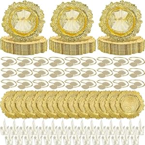 Tioncy 150 Pcs Charger Plates Plastic Reef Plate Chargers Set Include 50 Pack 13 Inch Round Charger Plates with 50 Pack Napkin Rings and 50 Pack Satin Napkin for Dinner Wedding Party Plates Decoration