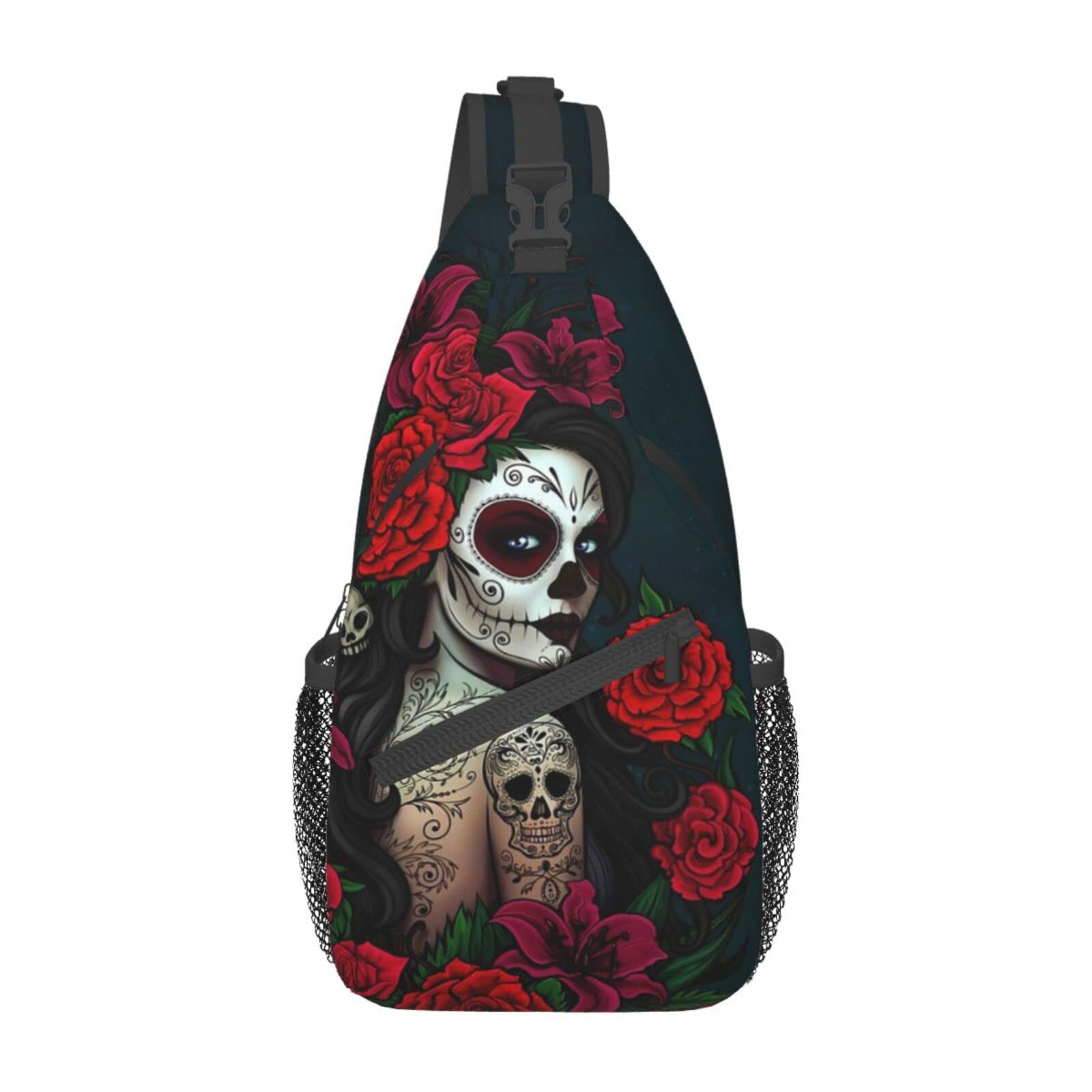KMIVQGE Sugar Skull Rose Crossbody Backpack for Travel Hiking Chest Daypack Shoulder Sling Bag for Men Women Cycling Walking
