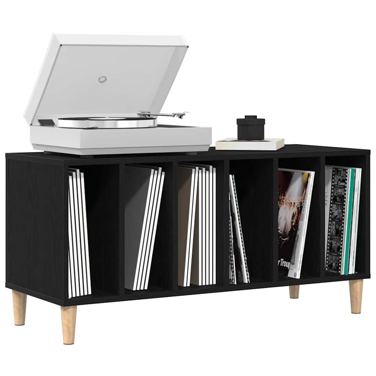Armadietto per vinili, 100 cm, in legno, effetto rovere nero, con molto spazio e 5 ripiani per dischi e libri