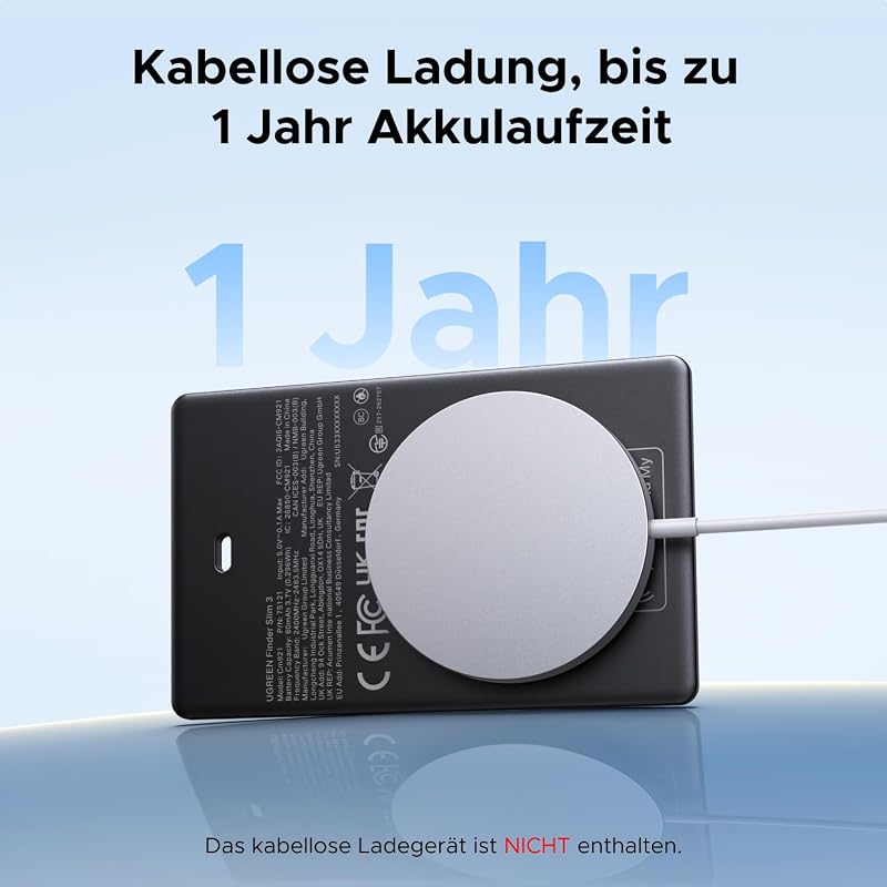 Card de localizare Bluetooth UGREEN FineTrack Slim cu încărcare magnetică wireless, compatibil cu Apple Find My (doar iOS), pentru pașaport și portofel, autonomie până la 1 an