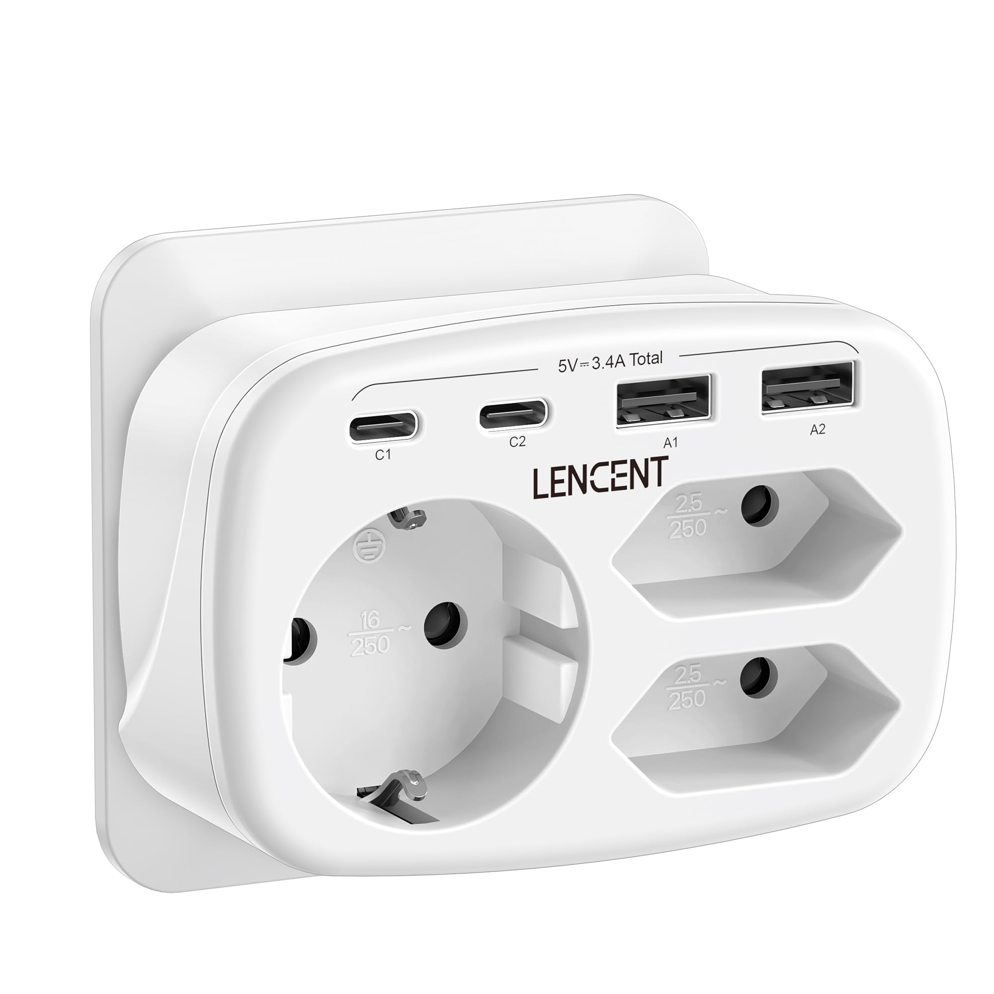 LENCENT USB Steckdose 7 in 1 Mehrfachsteckdose Steckdosenadapter, 3 Fach Doppel Euro und 1 Schuko Mehrfachstecker mit 2 USB-A und 2 USB-C Anschlüsse, Doppelstecker für Wand Steckdose, Polykarbonat