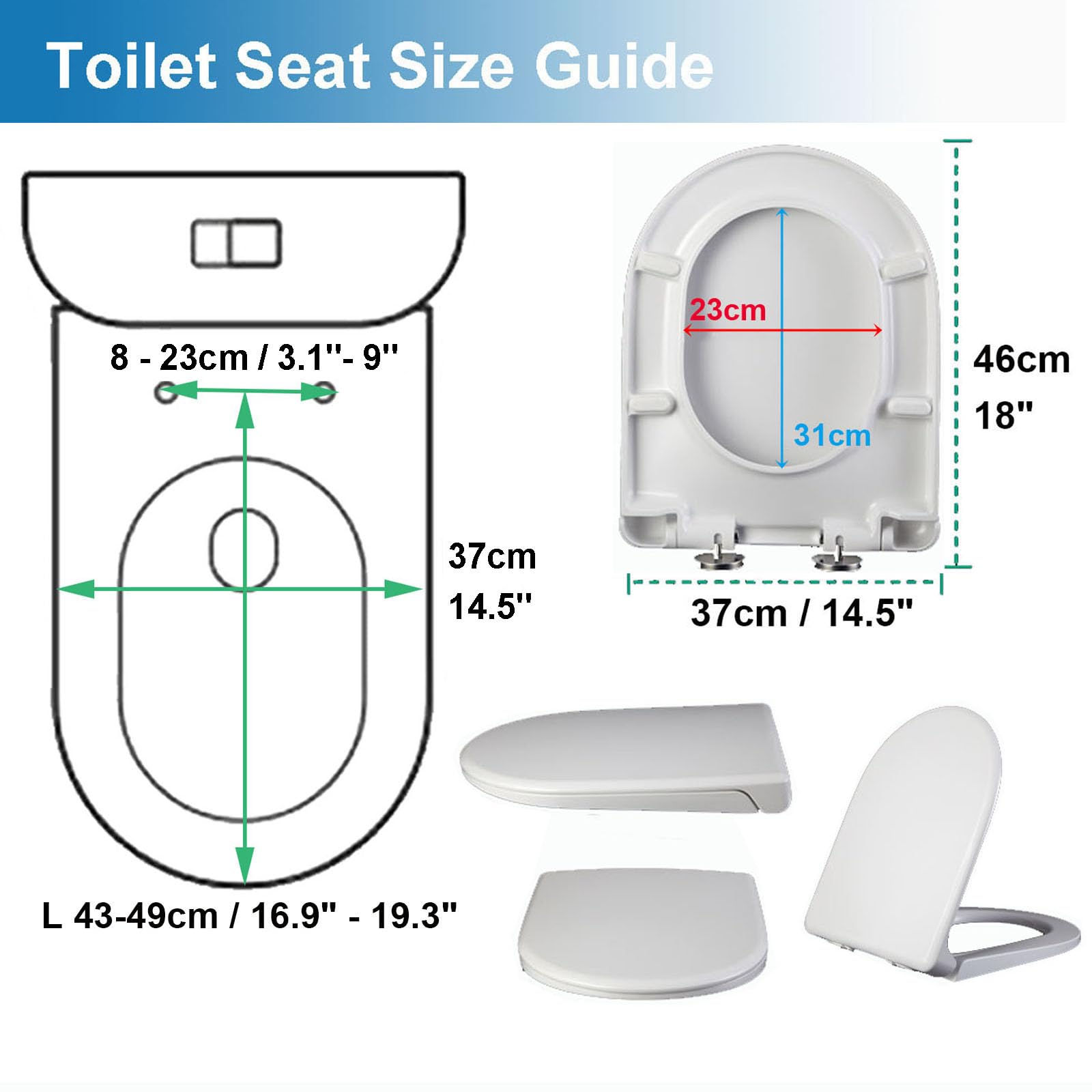 Sedile WC a forma di D, a forma di D, bianco, a forma di D, a sgancio rapido, antiscivolo, fisso, in polipropilene, a forma di D, 36 x 45 cm