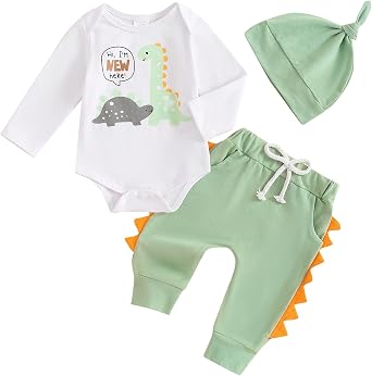 Baby Boy Girl Dinosaur Clothes Hi Im New Here Newborn Outfit Long Sleeve Romper Top Pants Set Coming Home Outfits
