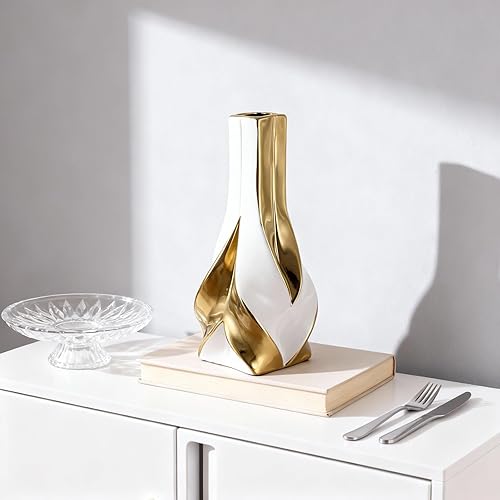 Miniatura 5 de Jarrón de cerámica blanca y dorada de 10.6 pulgadas de alto, decoración moderna y elegante para el hogar, sala de estar, centro de mesa, escritorio,