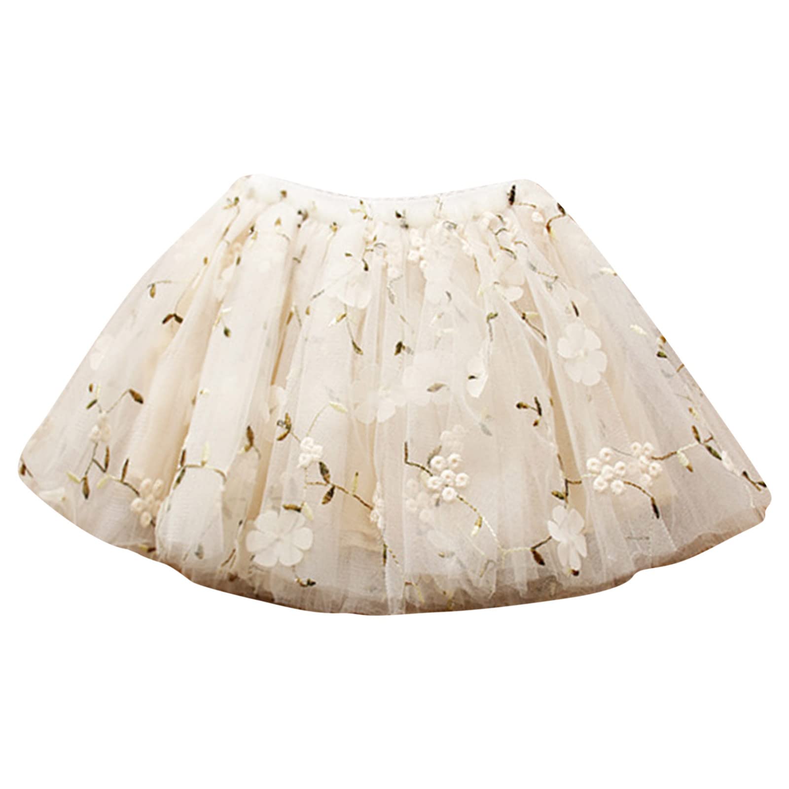 Little Girls Layered Tutu Tulle Skirt Baby Girls Flower Embroidered Princess Skirts Dress Mesh (Beige, 12-18 Months)