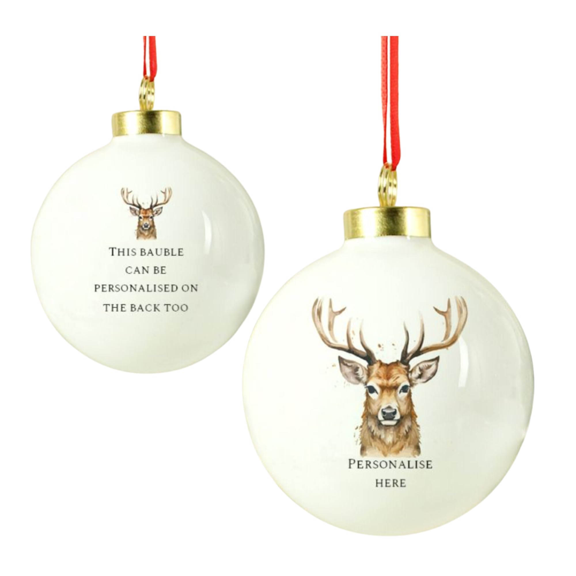 Caleli Gifts White Personalised Stag Bauble. Scottish Themed Ceramic Bauble
