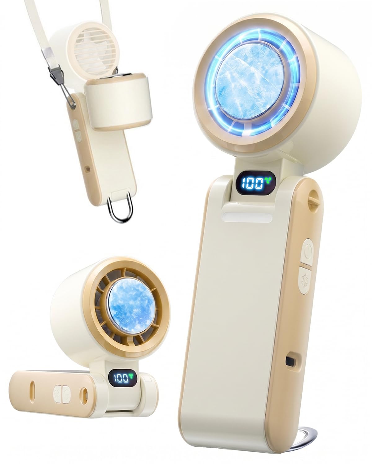 RUNCTY ハンディファン 冷却プレート付き 無段階調整 100段階風量調整 MAX-20℃瞬間冷却 スマート液晶搭載（残量/風量表示）3WAY手持ち/首掛け/卓上 携帯扇風機 Type-C充電 軽音設計 折り畳み式 熱中症対策 室内/アウトドア用(カーキ)