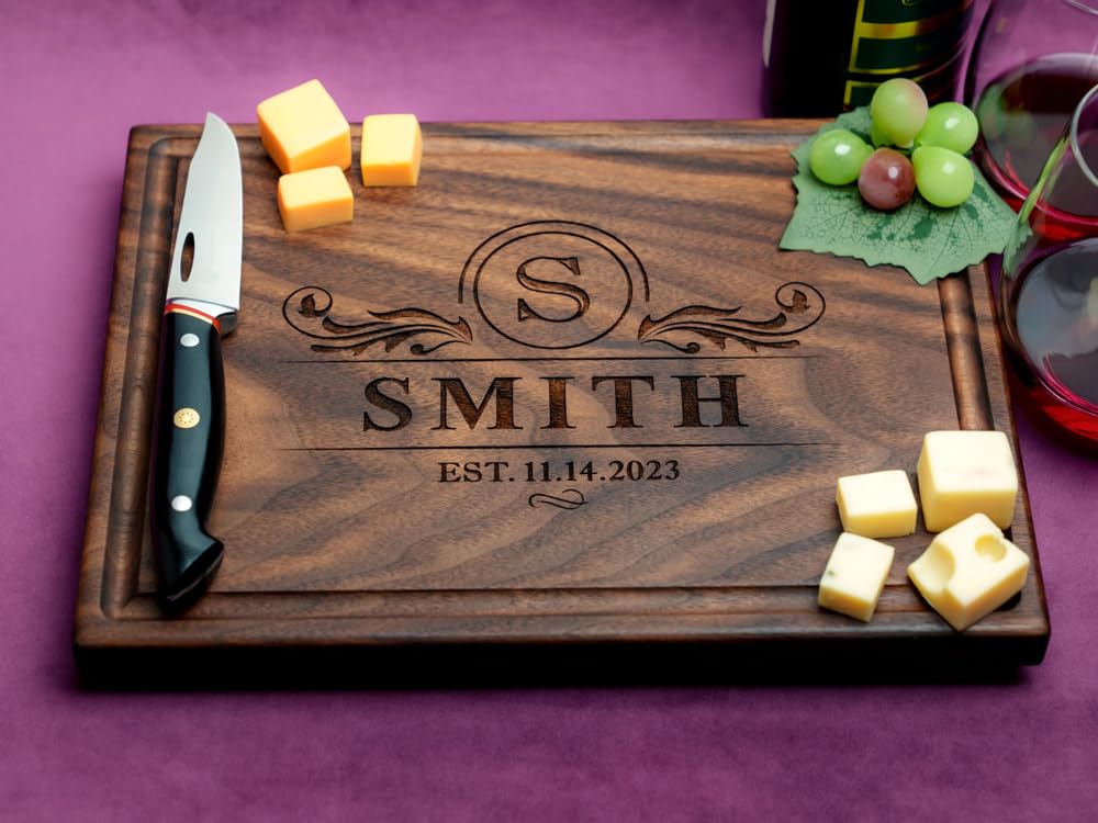 Straga Personalized Cutting Boards | Handmade Wood Engraved Charcuterie | Custom Wedding, Anniversary, Housewarming Gift for Couples or Family Reunions (Swirl Initial Design No.202)