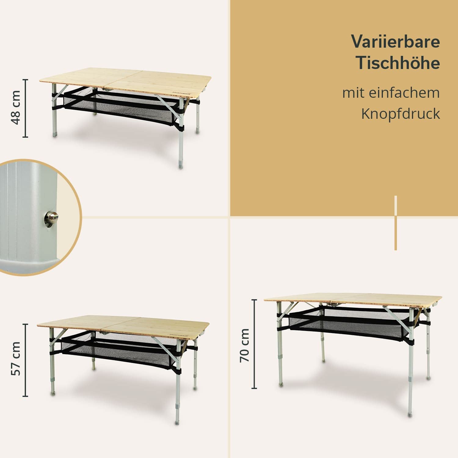 Skandika Bambus Campingtisch Tolja | Faltbarer Tisch mit Netzablage, versch. Größen, 3-Fach höhenverstellbar, Alu, Holz, wetterfest, UV-beständig | Klapptisch für Camping, Garten, Balkon